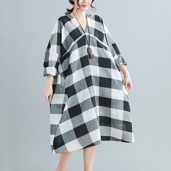 long sleeve cotton linen vintage plaid plus size women casual loose midi autumn party dress - Omychic