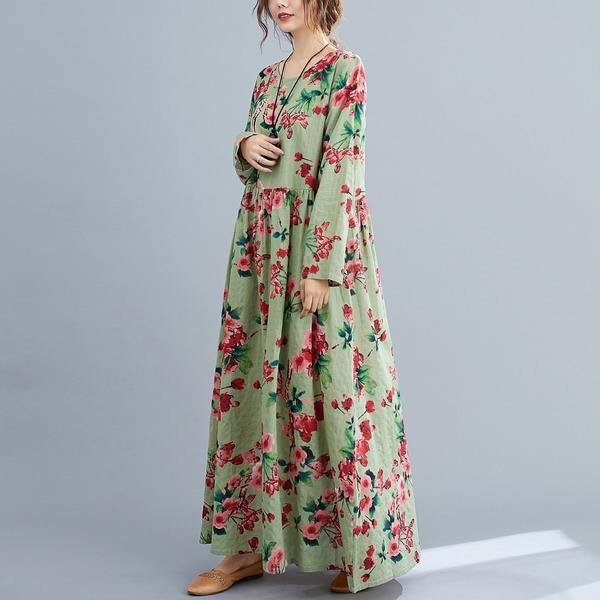 Autumn Vintage Style O-neck Floral Print Ladies Cotton Linen Long Dresses - Omychic