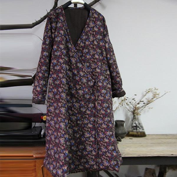 Vintage Cotton Parkas Coats 2020 Spring New Loose Simple Print Color Belt Warm Cotton V-neck Long Coats - Omychic