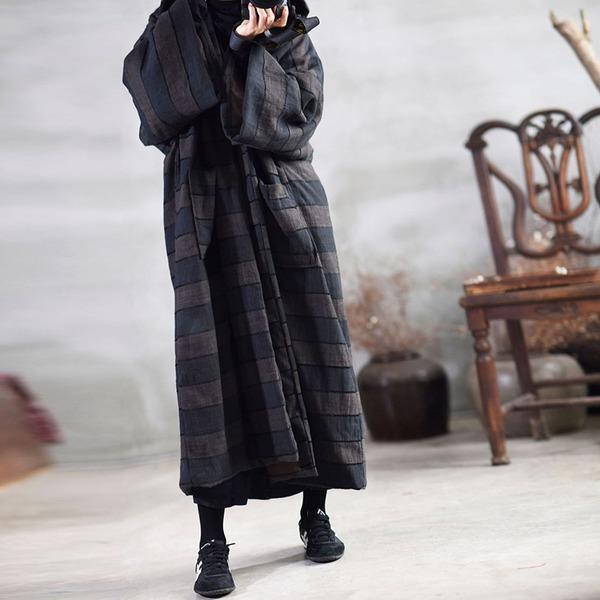 2020 Spring Striped New Loose Simple Casual Warm Cotton Long Hooded Coats - Omychic