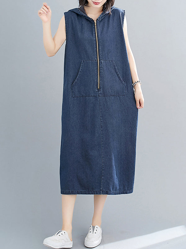 Zipper Loose Hooded Midi Dress Sleeveless