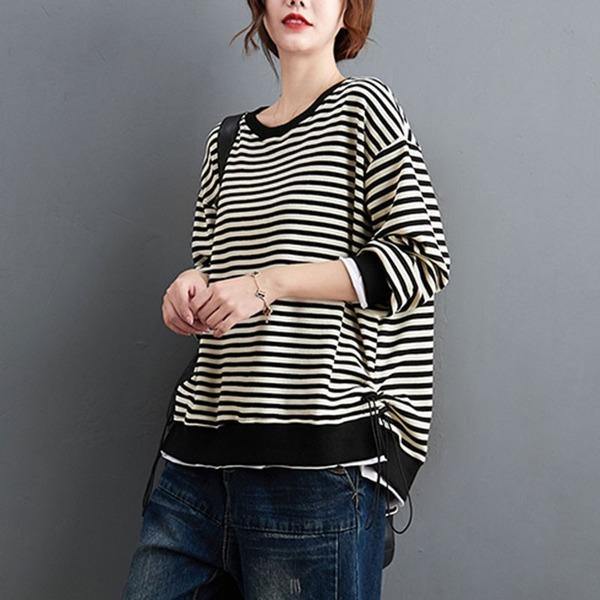 100% Cotton  New Arrival 2021 Autumn Winter Korean Simple Style Striped Loose Female Pullovers Tops - Omychic