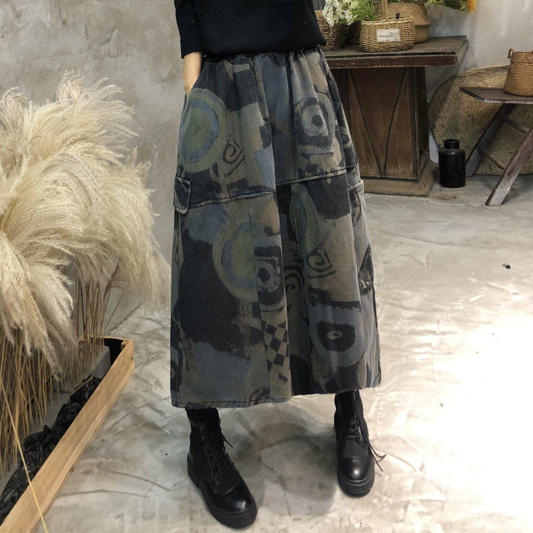 Women Winter Fleece Elastic Waist Printed Patchwork Skirts Ladies Vintage Print Skirt Female Spliced Skirts 2020 - Omychic