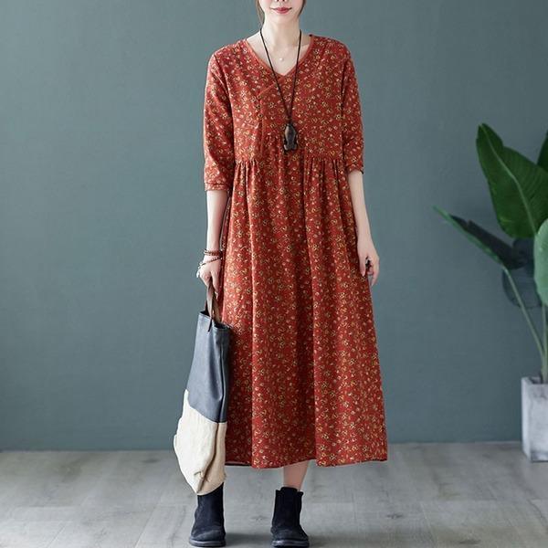 Women Cotton Linen Casual Dress V-neck Loose Ladies Elegant A-line Long Dresses - Omychic