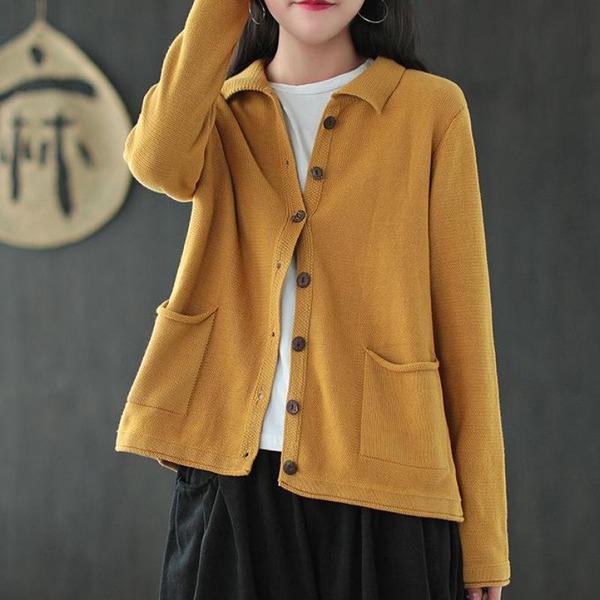 All-match Knitted Turn-down Collar Pockets Cardigan - Omychic
