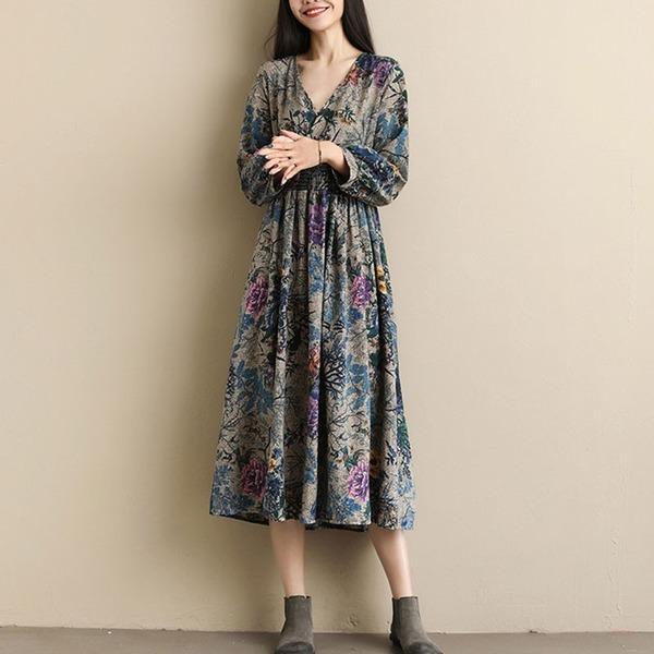 Vintage Style V-neck Print Elastic Waist Elegant A-line Ladies Casual Dress - Omychic