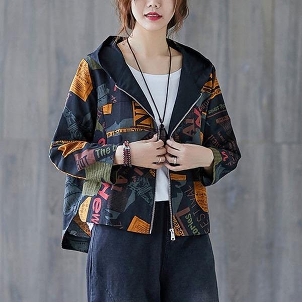 Women Cotton Linen Casual Hooded Jackets Streetwear Vintage Print Loose Ladies Outerwear Coats - Omychic