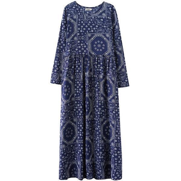 omychic cotton linen plus size vintage floral for women casual loose long autumn dress - Omychic