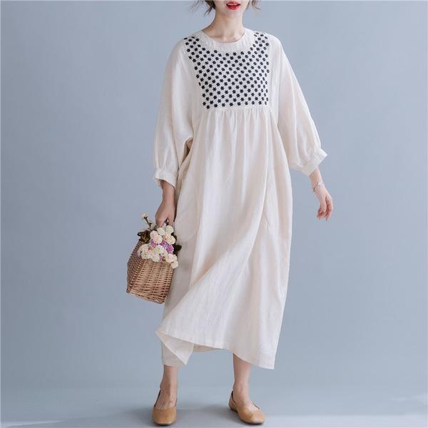 long sleeve cotton linen vintage embroidery plus size women casual loose spring autumn dress - Omychic