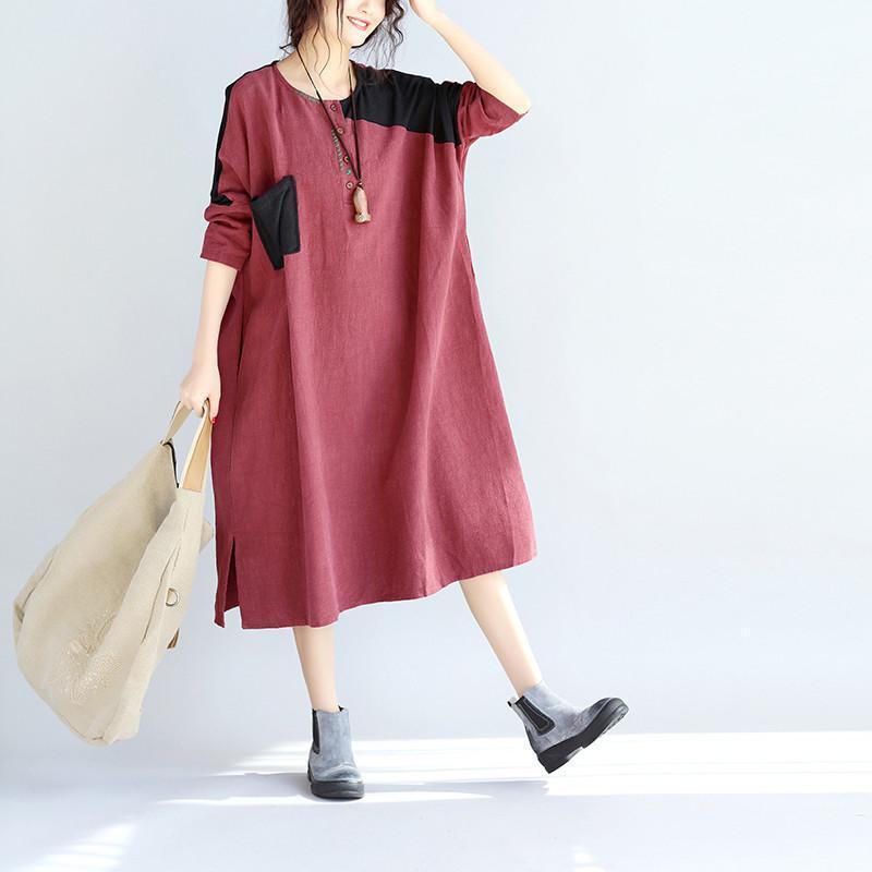 Casual Linen Women Split Spliced Red Dress - Omychic