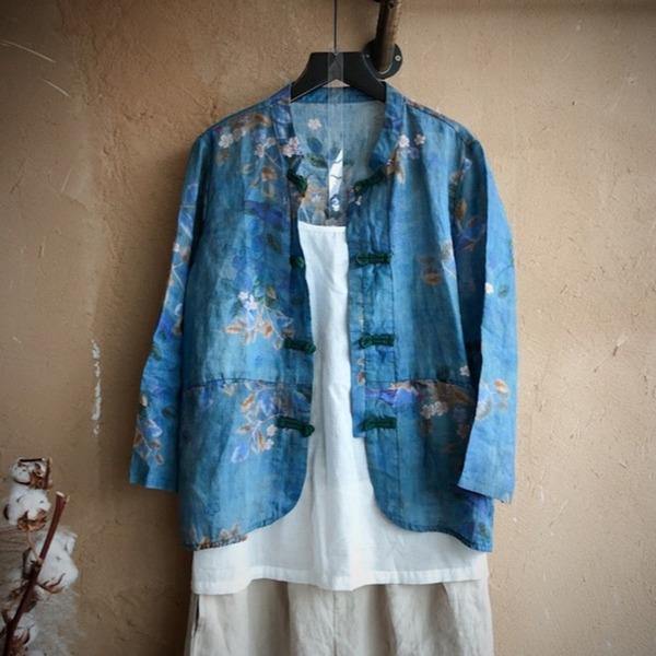 New 2020 Autumn  Print Flower Ramie Coats Vintage Full Sleeve O-Neck Linen Coats - Omychic