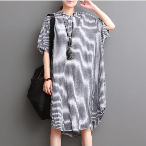 fien linen summer dresses plus size casual striped sundress short sleeve shirt dress - Omychic
