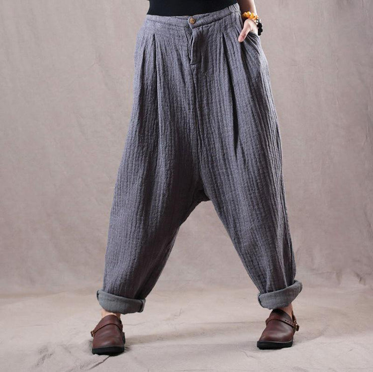 fine gray loose cotton linen vintage pants casual trousers - Omychic