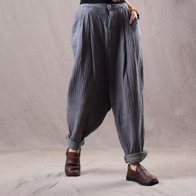 fine gray loose cotton linen vintage pants casual trousers - Omychic