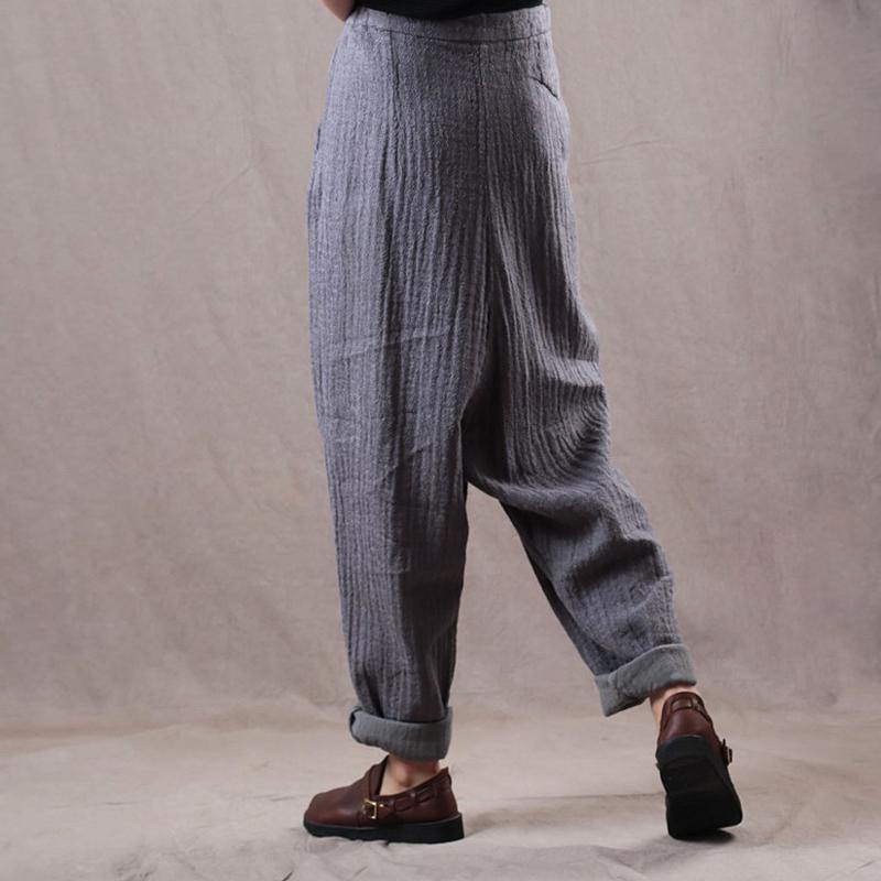 fine gray loose cotton linen vintage pants casual trousers - Omychic