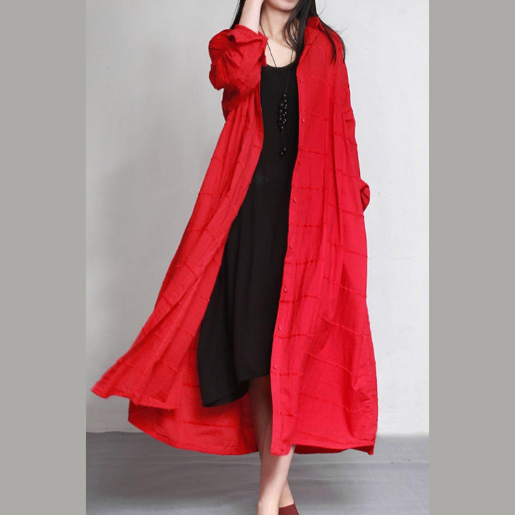 fine autumn red linen cardigans oversize casual large hem long coats - Omychic