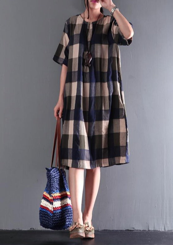 fine blue gray plaid summer dresses loose linen sundresses short sleeve mid-dress-Out of stock - Omychic