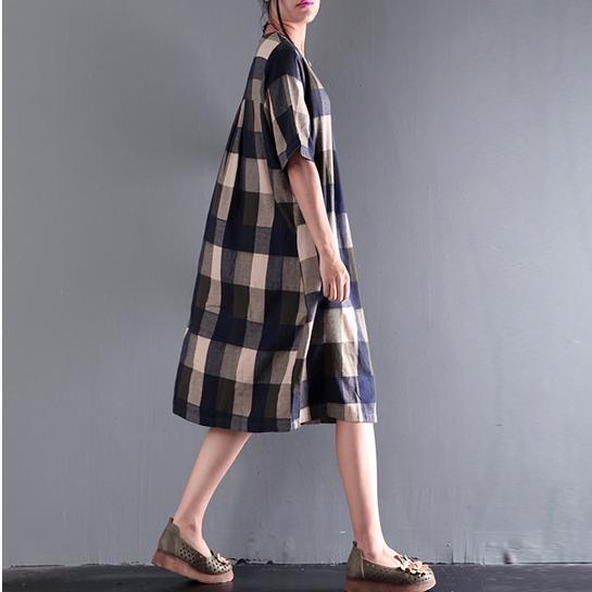 fine blue gray plaid summer dresses loose linen sundresses short sleeve mid-dress-Out of stock - Omychic