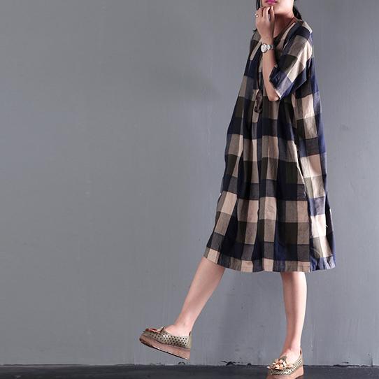 fine blue gray plaid summer dresses loose linen sundresses short sleeve mid-dress-Out of stock - Omychic