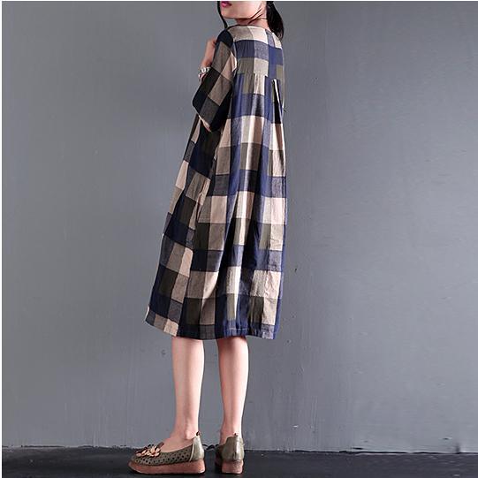 fine blue gray plaid summer dresses loose linen sundresses short sleeve mid-dress-Out of stock - Omychic