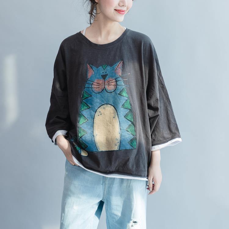 fine cotton cartoon dark gray blouse casual stylish summer pullover o neck t shirt - Omychic