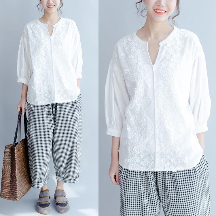 fine cotton white embroidery tops plus size casual lantern sleeve shirts - Omychic