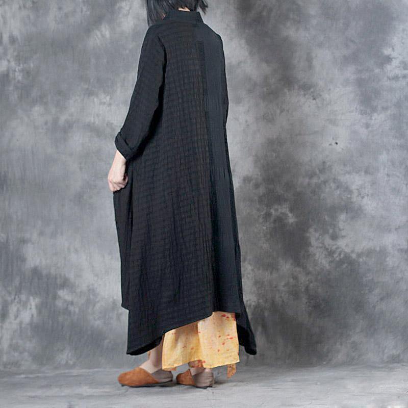 fine linen black long cotton dresses caftans long trench coats plus size asymmetric hem - Omychic