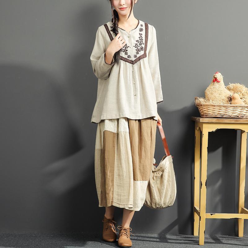 fine linen blouse loose embroidery cotton tops vintage long sleeve t shirt - Omychic