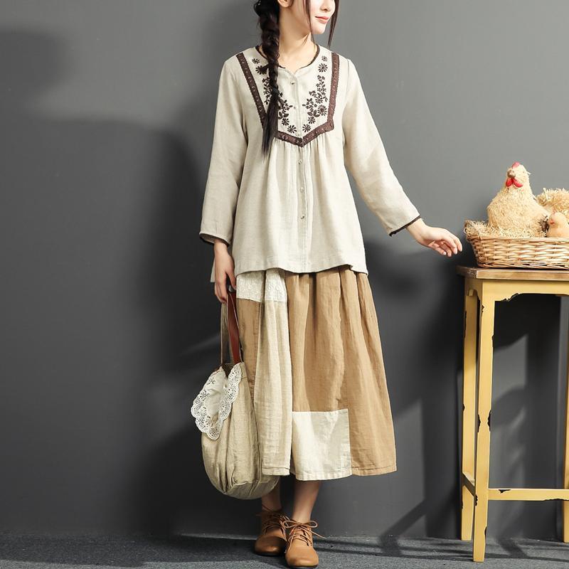 fine linen blouse loose embroidery cotton tops vintage long sleeve t shirt - Omychic