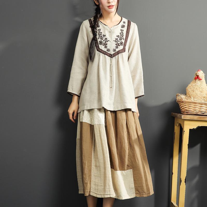 fine linen blouse loose embroidery cotton tops vintage long sleeve t shirt - Omychic