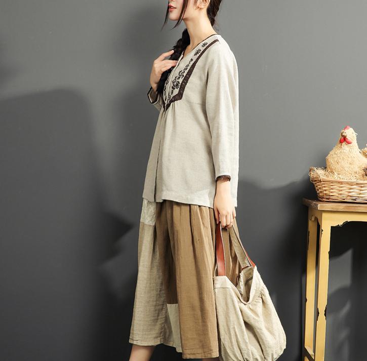 fine linen blouse loose embroidery cotton tops vintage long sleeve t shirt - Omychic