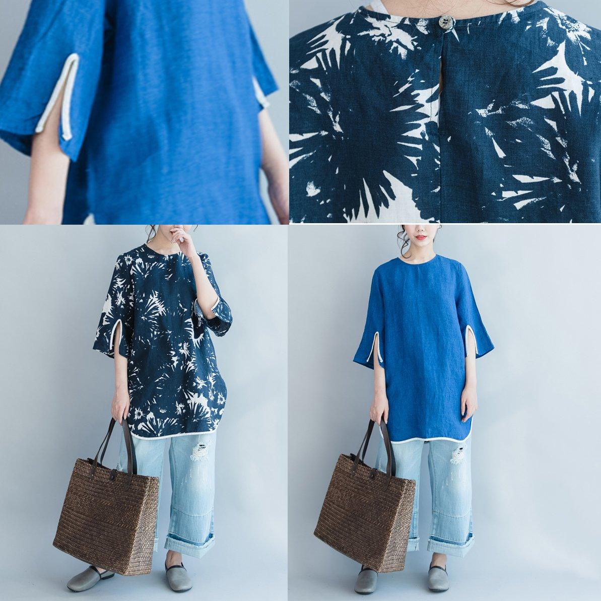 fine linen dresses blue causal sundress plus size summer dress  stylish half sleeve mid dress - Omychic