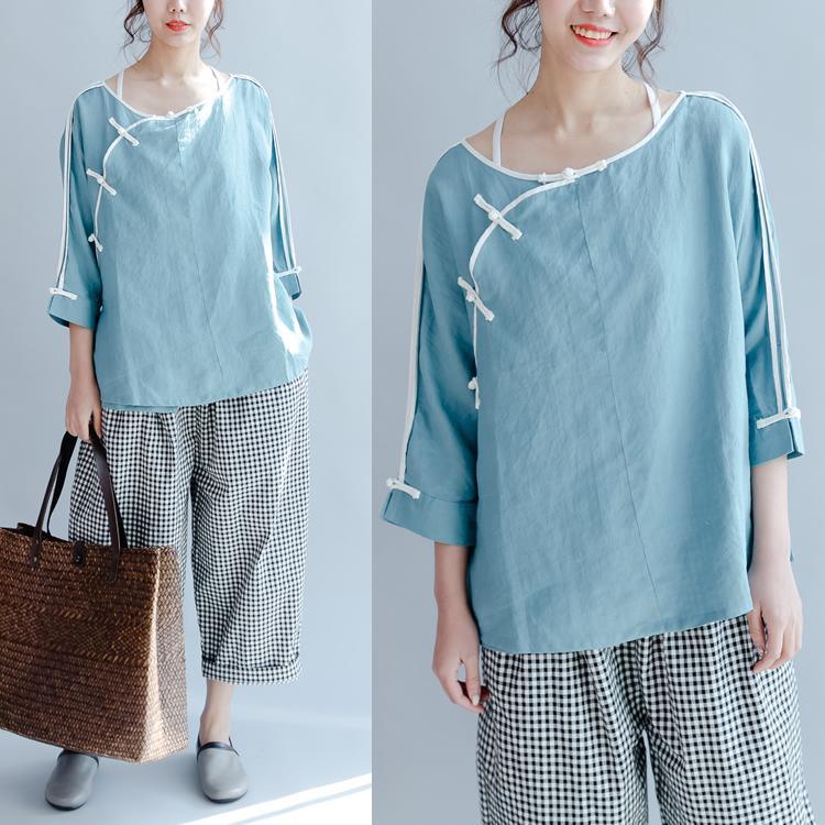 fine linen casual shirts light blue vintage blouse mandarin o neck tops - Omychic