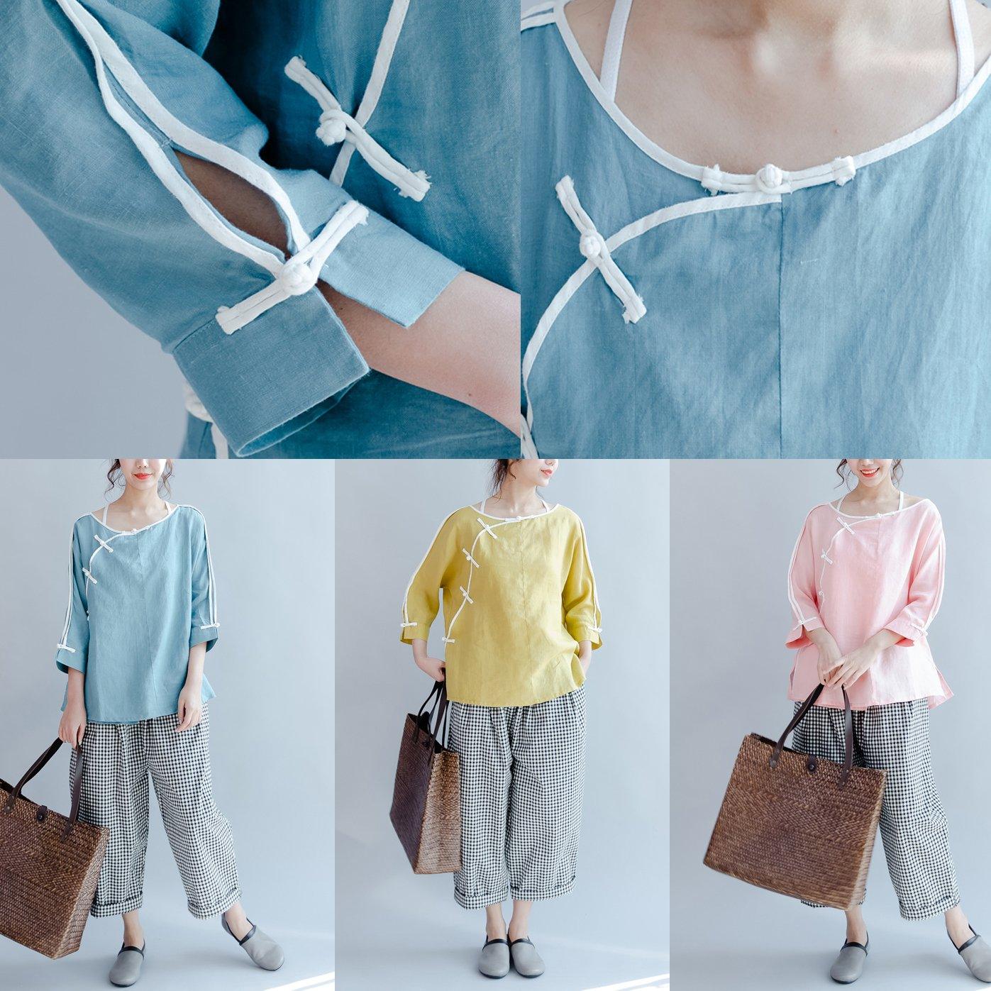 fine linen casual shirts light blue vintage blouse mandarin o neck tops - Omychic