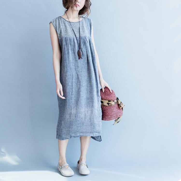 fine linen gray casual sundress linen patchwork asymmetric maxi dress - Omychic