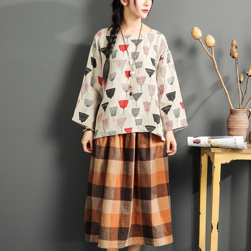 fine linen summer tops print loose pullover stylish long sleeve t shirt - Omychic