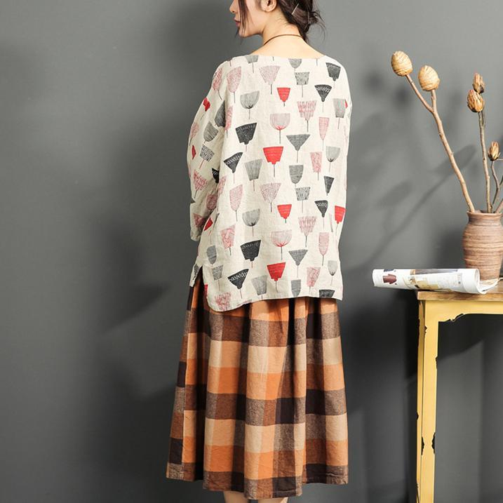 fine linen summer tops print loose pullover stylish long sleeve t shirt - Omychic