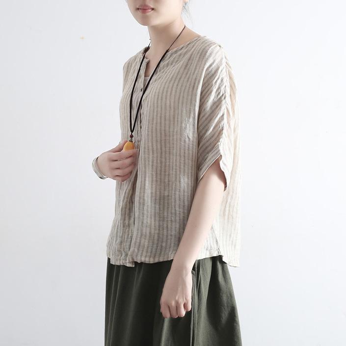 fine linen tops striped casual blouse short sleeve t shirts - Omychic
