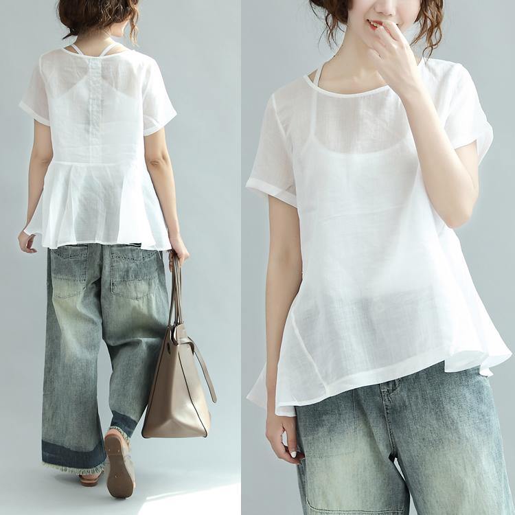 fine linen white casual tops ruffles elegant t shirt - Omychic