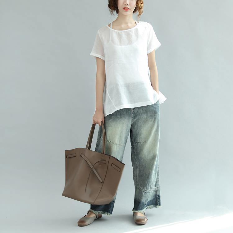 fine linen white casual tops ruffles elegant t shirt - Omychic