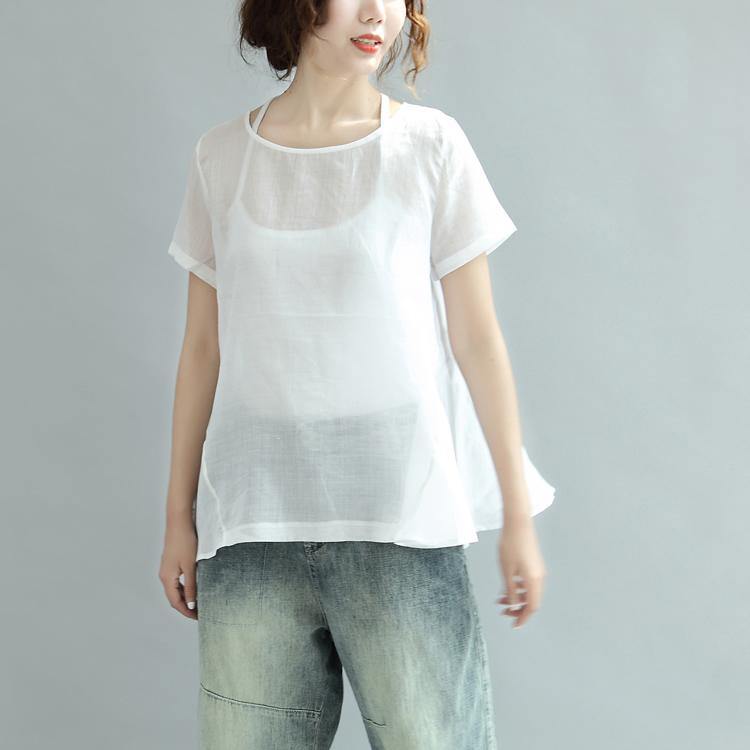 fine linen white casual tops ruffles elegant t shirt - Omychic