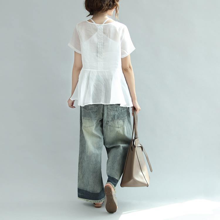 fine linen white casual tops ruffles elegant t shirt - Omychic