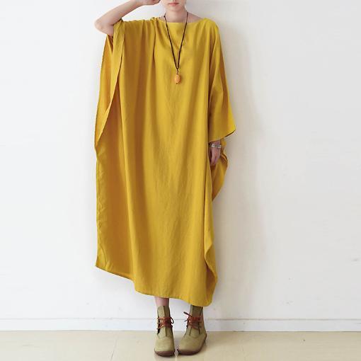 Fine Yellow Cotton Maxi Dress Plus Size Casual Caftans Batwing Sleeve Linen Gowns ( Limited Stock) - Omychic