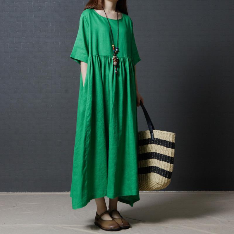 Fine Linen Green Women Summer Dresses Oversize Vintage Sundress O Neck Maxi Dress - Omychic