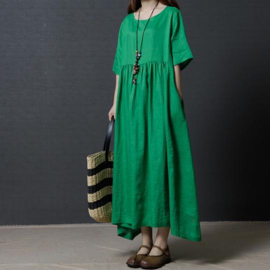 Fine Linen Green Women Summer Dresses Oversize Vintage Sundress O Neck Maxi Dress - Omychic