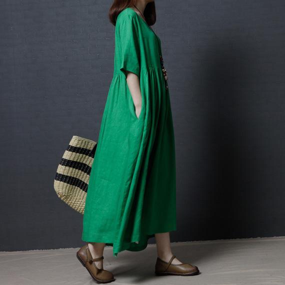 Fine Linen Green Women Summer Dresses Oversize Vintage Sundress O Neck Maxi Dress - Omychic