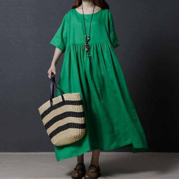 Fine Linen Green Women Summer Dresses Oversize Vintage Sundress O Neck Maxi Dress - Omychic