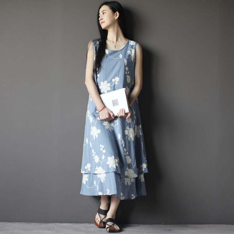 floral embroideried linen summer dress layered Navy cotton dress - Omychic