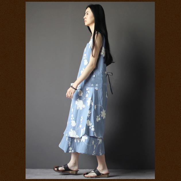 floral embroideried linen summer dress layered Navy cotton dress - Omychic