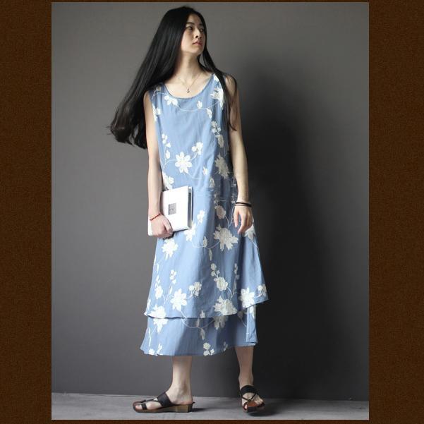 floral embroideried linen summer dress layered Navy cotton dress - Omychic